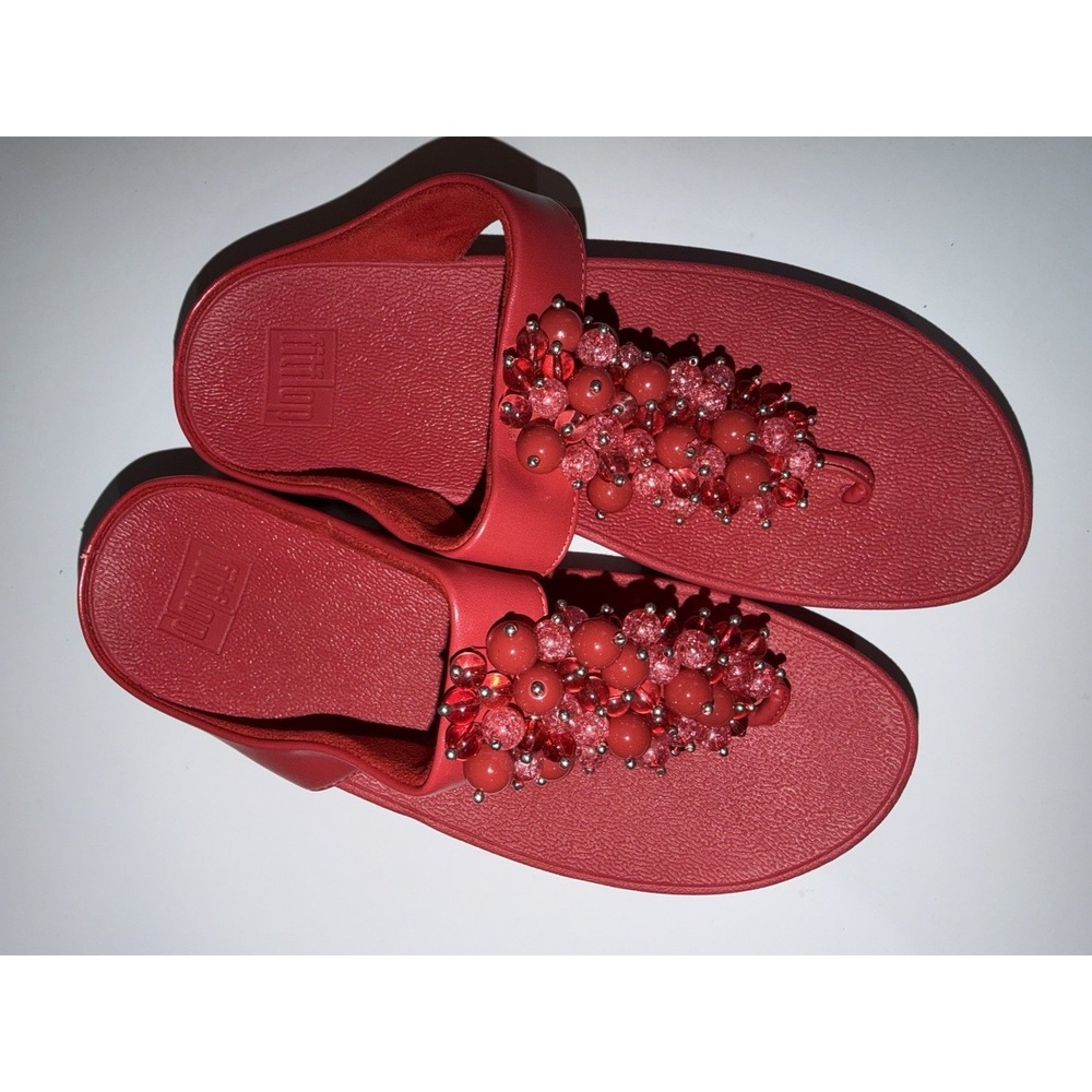 Fitflop‎ Sandals Deco Cha Cha Red Beaded Toe Thong Wedge T Strap Sandal Size 7 Z